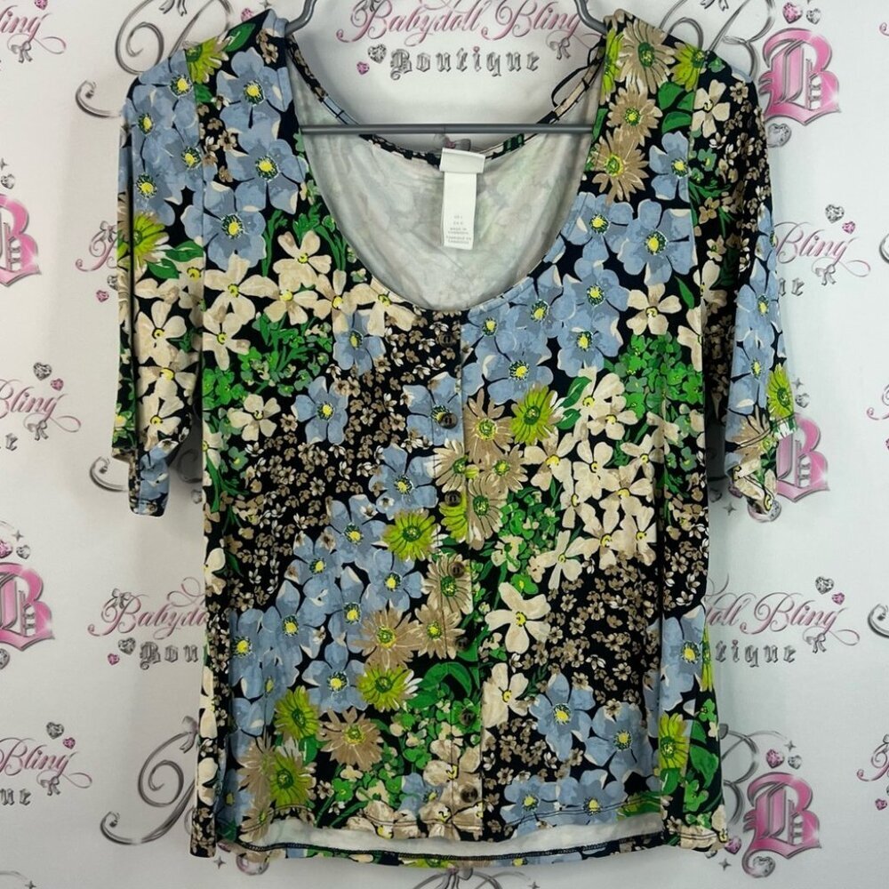 H&M shirt flowers button down Floral Women's Top Multicolor blue green brown